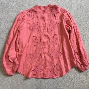 NWT Chicos Linen Cutwork Blouse Womens 1 US 8 10 Coral Button Down